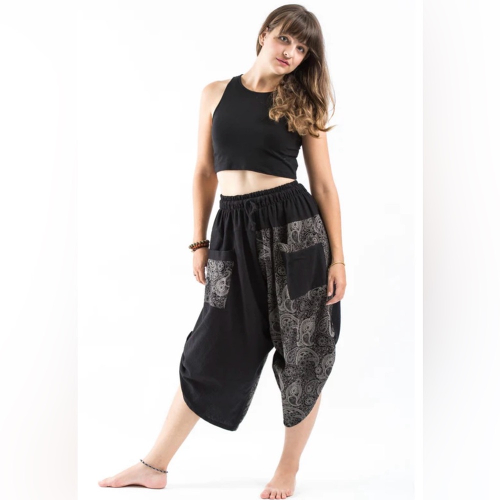 Black Wide-Leg Printed Harem Pants